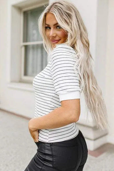 Striped Notched Short Sleeve T-Shirt Women's T-Shirts - Tophatter Daily Deals